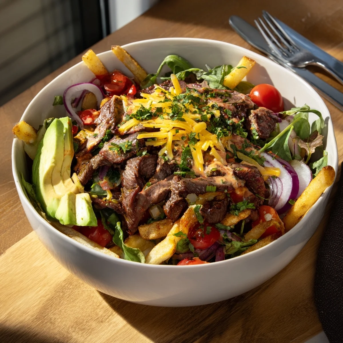 Golden fries and seared steak strips arranged in a hearty steak strips crispy fries bowl.