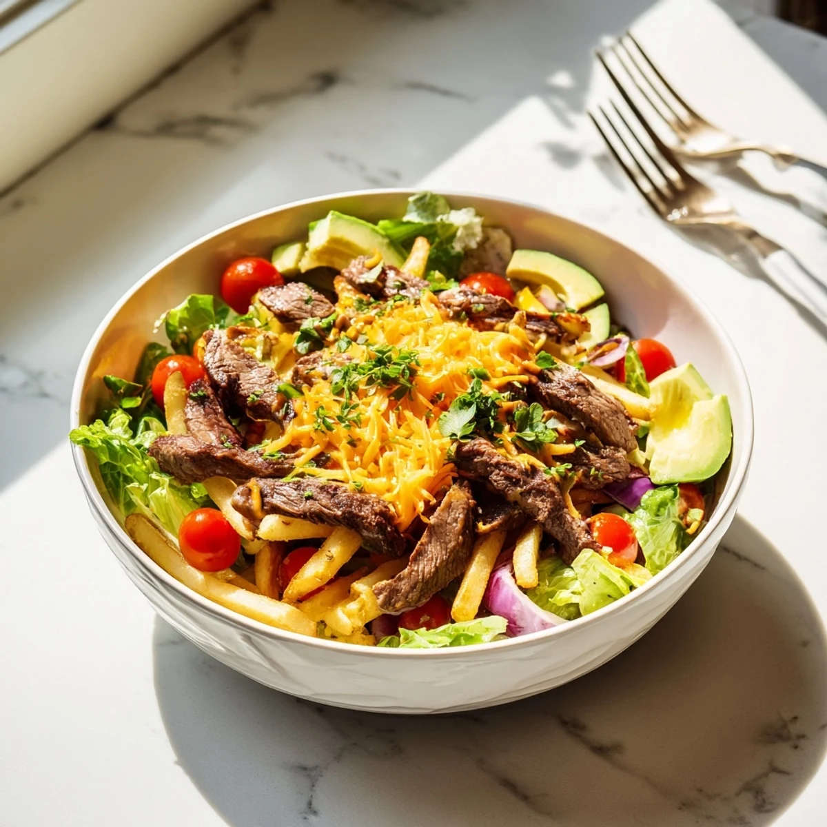 A zesty sauce drizzled over fresh steak and veggies in this steak strips crispy fries bowl.