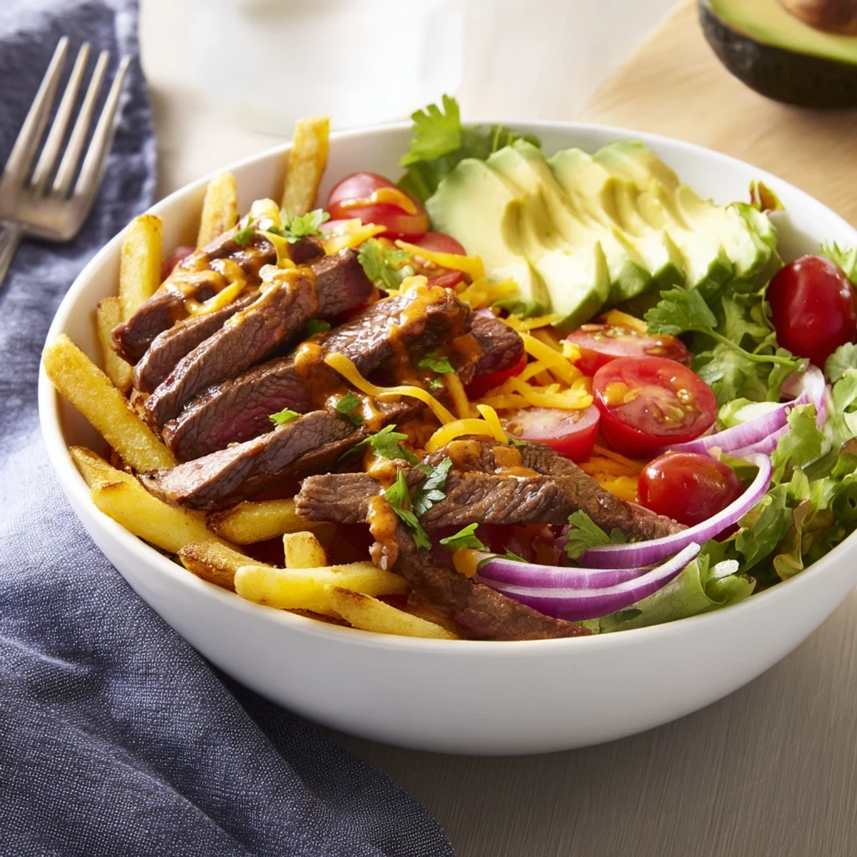Close-up of tender steak strips layered over crispy fries in a loaded steak strips crispy fries bowl.