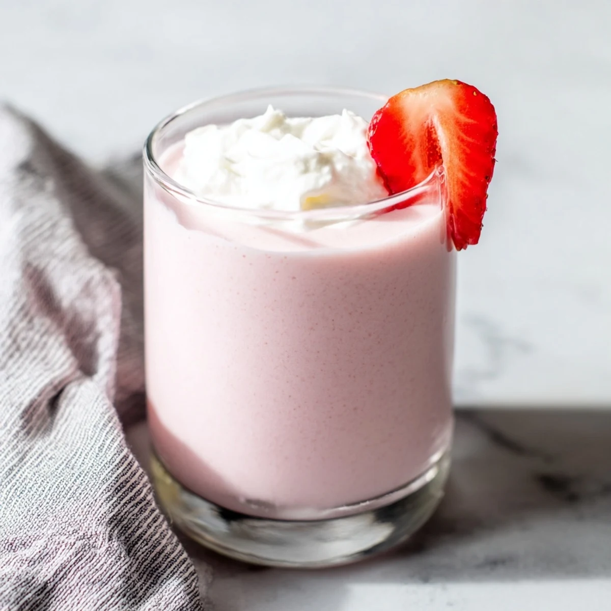 Creamy strawberry milkshake topped with whipped cream and fresh berries in a glass.