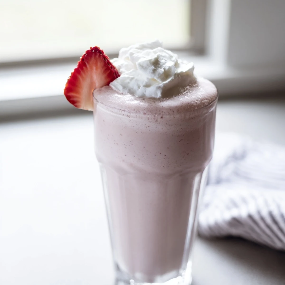 Thick vanilla ice cream strawberry milkshake served with whipped cream and sweet garnish.