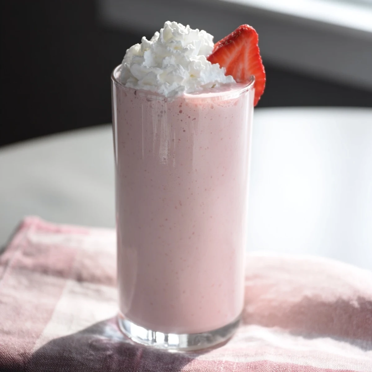 Blender filled with pink strawberry milkshake mix and fresh strawberries for a refreshing drink.