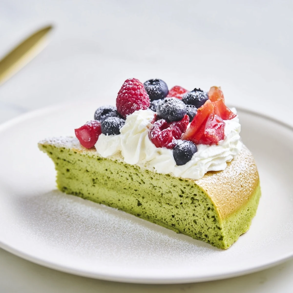 Fluffy Japanese-inspired matcha cake recipe baked to golden perfection and topped with fresh berries.