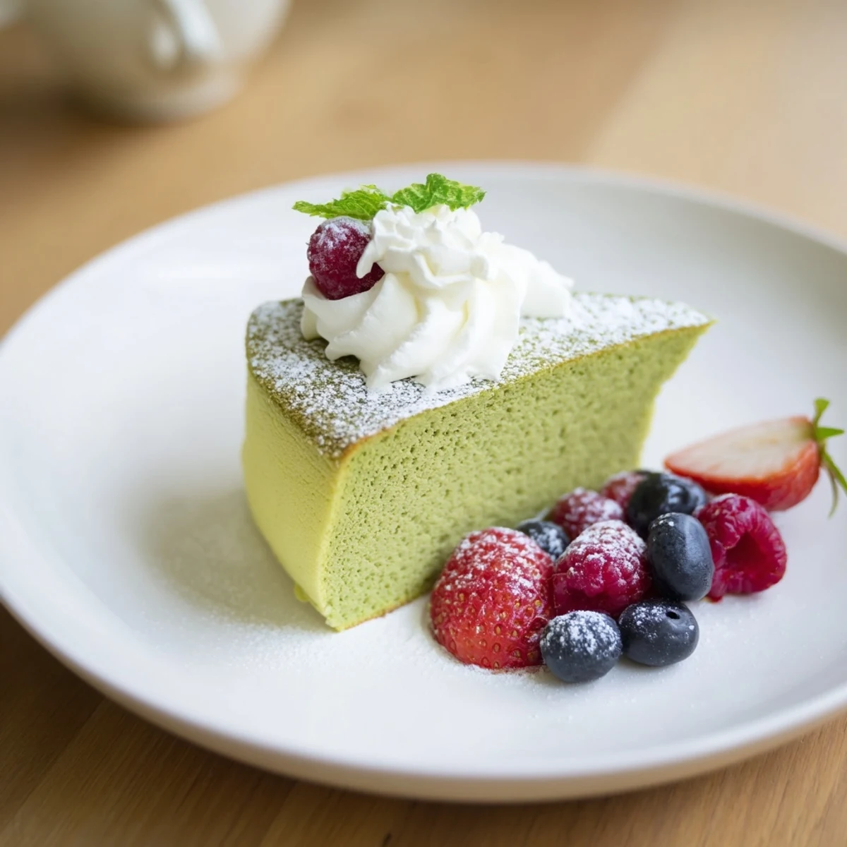 Vibrant matcha cake recipe slice dusted with powdered sugar on a white plate.