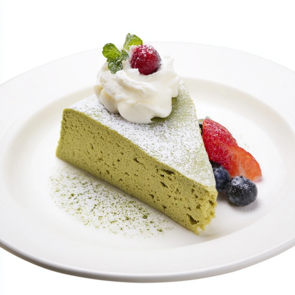 Homemade matcha cake recipe sponge with whipped cream served for afternoon tea dessert.