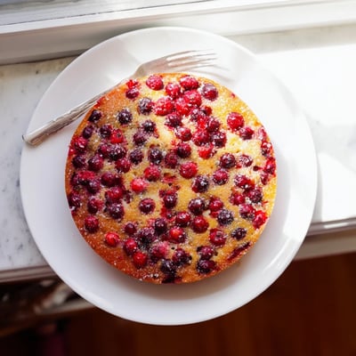 Moist, buttery Cranberry Cake topped with orange zest, perfect for serving warm with a dollop of whipped cream.