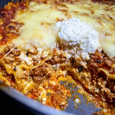 The hearty Cheats Frypan Lasagne shows golden cheese and tender noodles in a skillet, ready for family dinner.