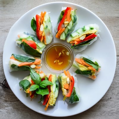 Omelette Spring Rolls stacked on a white plate, showcasing vibrant veggies and fresh herbs in rice paper.