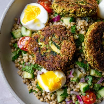 A plate of crispy broccoli falafels topped with buckwheat, egg, and herb salad for lunch.  