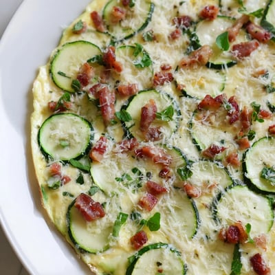Savory Zucchini Herb and Pancetta Frittata baked in a skillet, topped with fresh herbs and melted Parmesan cheese.