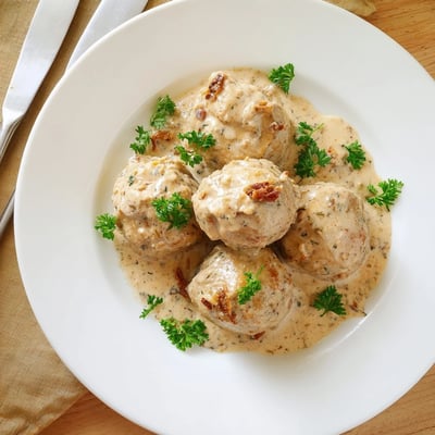 Tender meatballs made with sun-dried tomatoes and Parmesan, simmered in a tangy mustard cream sauce perfect with crusty bread.