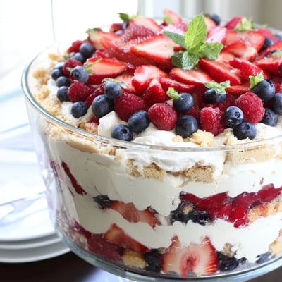 Red White Blue Mixed Berry Yum Yum topped with fresh strawberries and whipped topping
