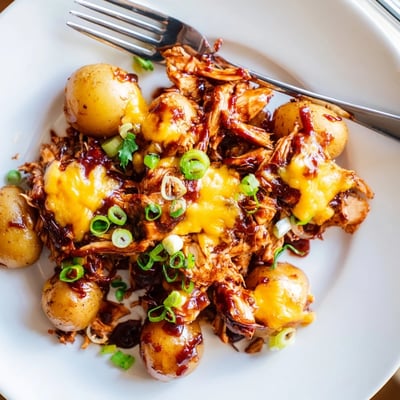 Sliced honey BBQ chicken over crispy potatoes with bubbling cheese and parsley