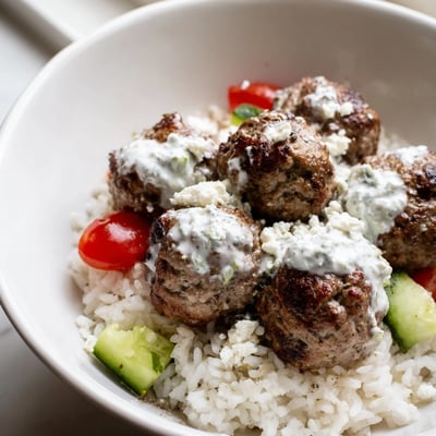 Juicy Greek meatball bowl topped with crumbled feta, olives, and fresh dill