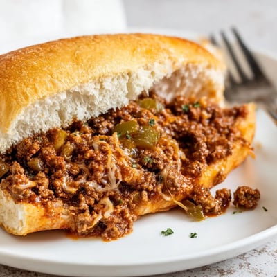 Close-up of hearty Garlic Bread Sloppy Joes oozing cheese, crispy garlic edges