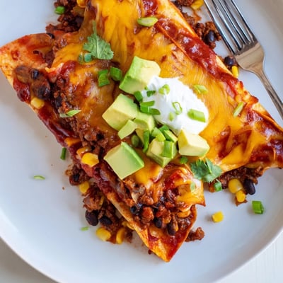 Hearty Beef Skillet Enchiladas topped with diced avocado and sour cream