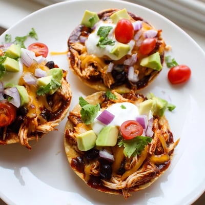Golden corn shells piled high with tender BBQ chicken tostadas and vibrant toppings