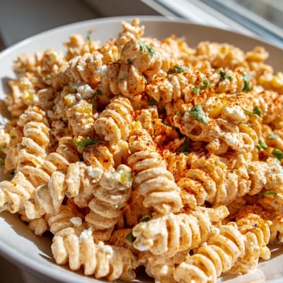 Charred corn kernels tossed in a vibrant Elote Street Corn Pasta Salad bowl