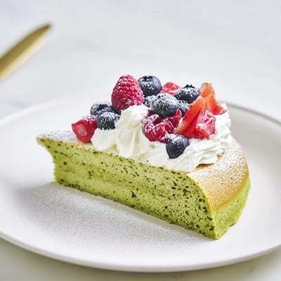 Fluffy Japanese-inspired matcha cake recipe baked to golden perfection and topped with fresh berries.